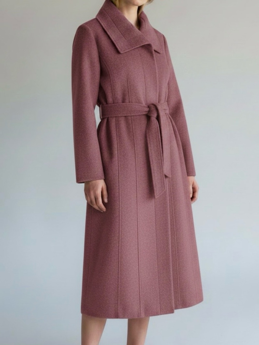 Cole Haan Sz 12 Tie-Waist Wool Trench Coat Dusty Rose pink purple Classic Boho.